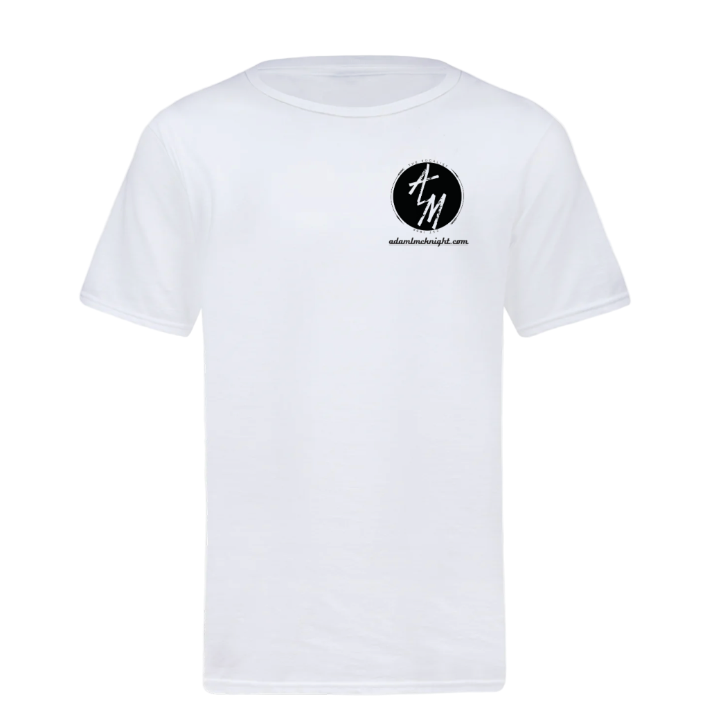 White t-shirt with a black logo on the chest against a white background