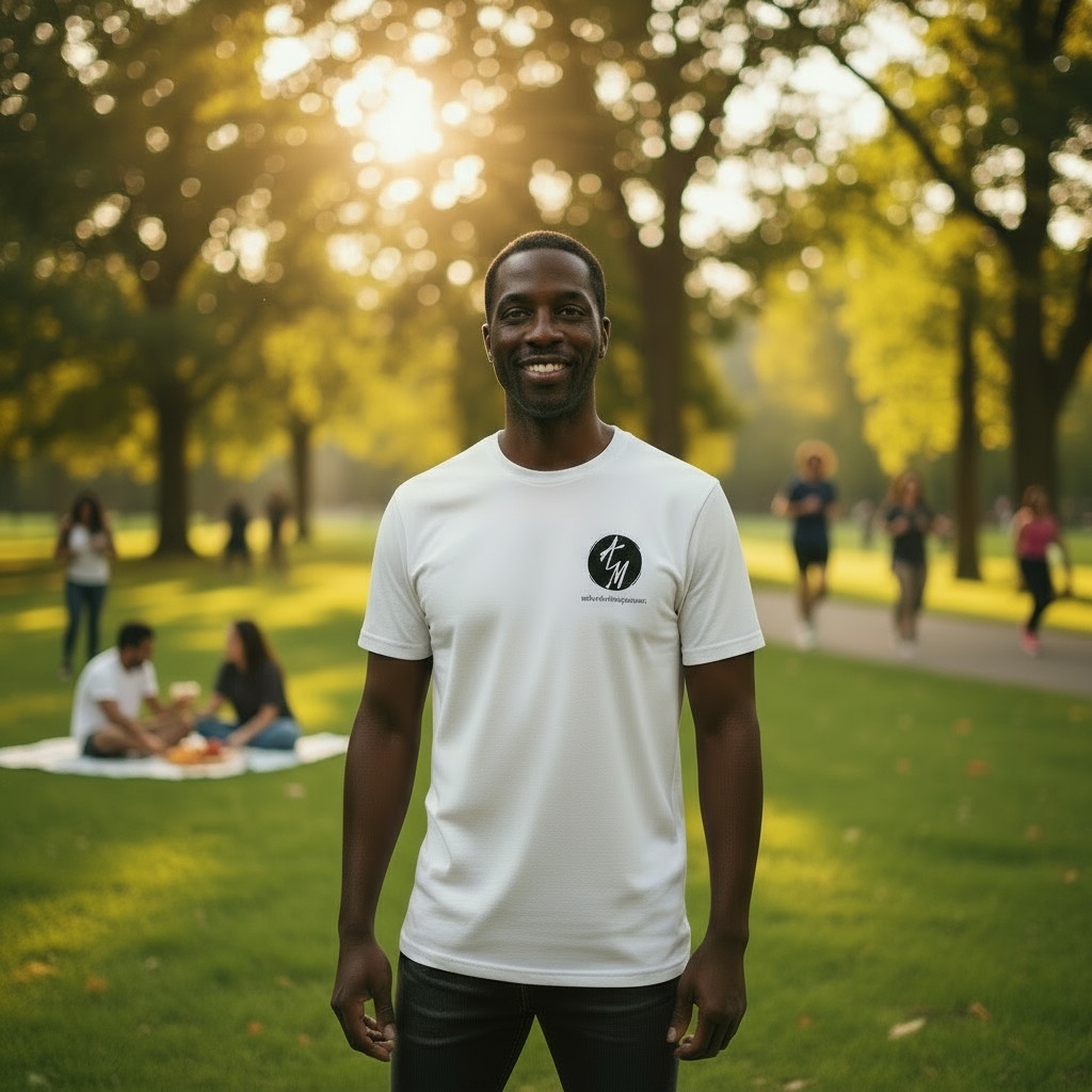 Man wearing a white t-shirt with a logo on a street park.